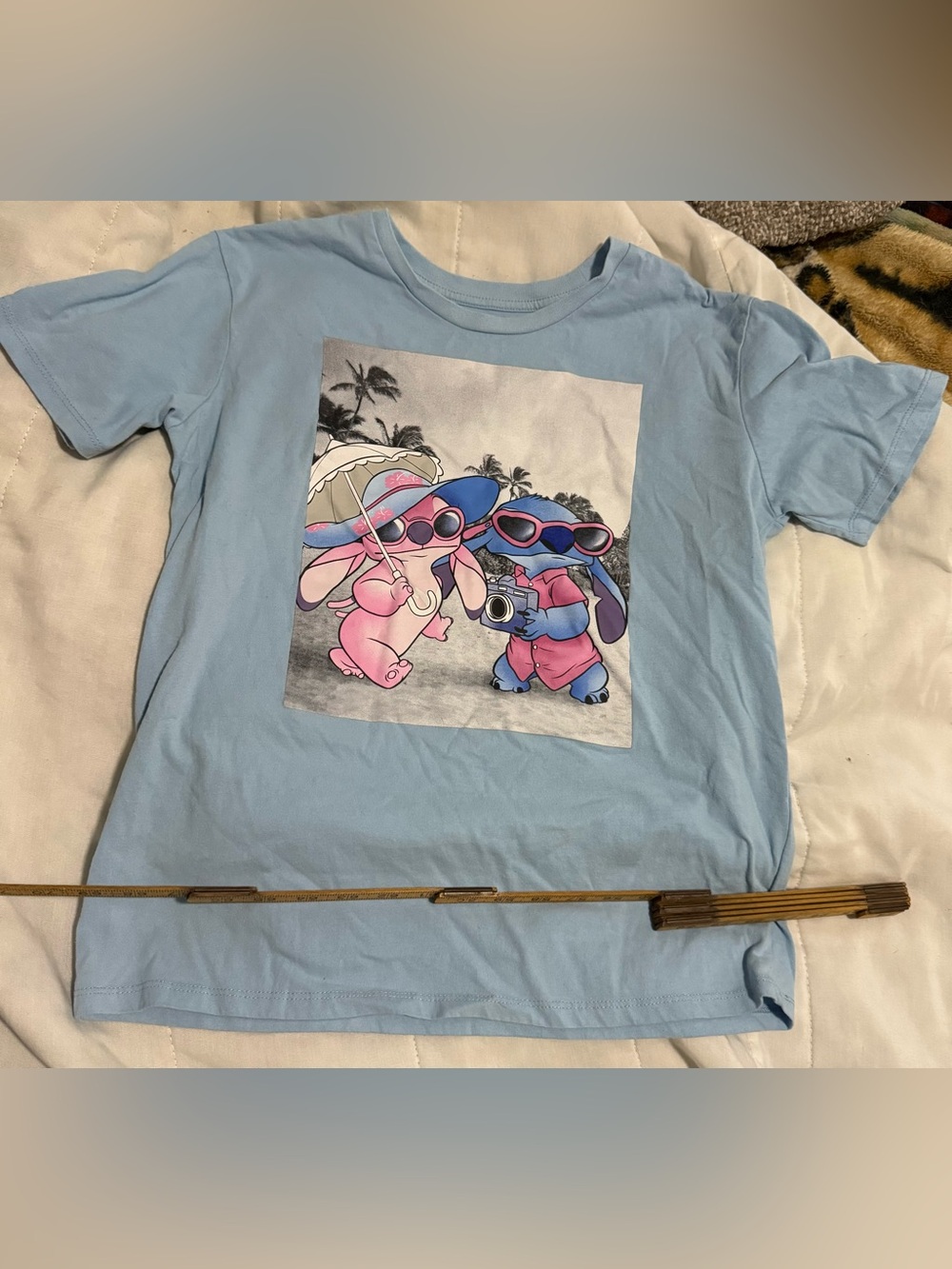 Disney Light Blue Tee with Pink & Blue Stitch Characters